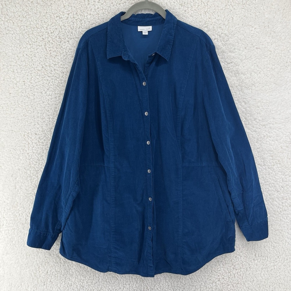 J Jill Corduroy Tunic Shirt Women's XL Blue Button Front Pockets Long Sleeve